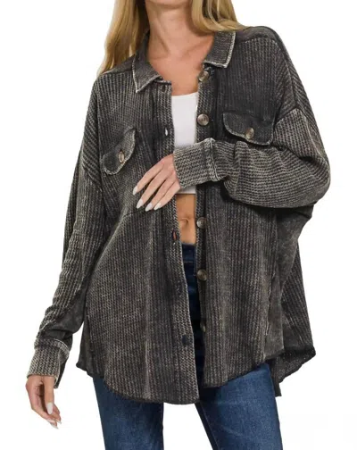 Zenana Relaxed Oversized Shacket In Acid Wash In Gray