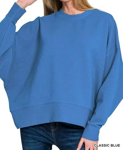 Zenana Ribbed Balloon Sleeve Sweatshirt In Classic Blue