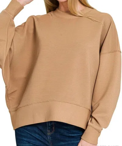 Zenana Ribbed Balloon Sleeve Sweatshirt In Deep Camel
