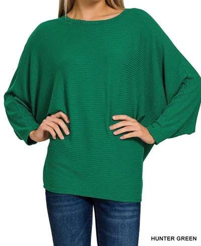 Zenana Ribbed Batwing Long Sleeve Sweater In Dark Burgundy In Green