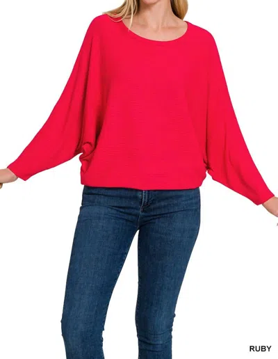 Zenana Ribbed Batwing Long Sleeve Sweater - Plus In Ruby In Brown