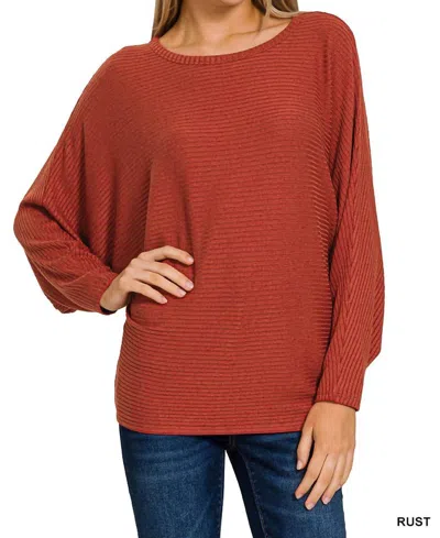 Zenana Ribbed Batwing Long Sleeve Sweater - Plus In Rust In Brown