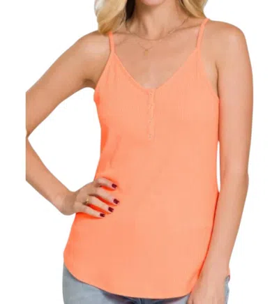 Zenana Ribbed Button V-neck Tank Top In Coral In Orange