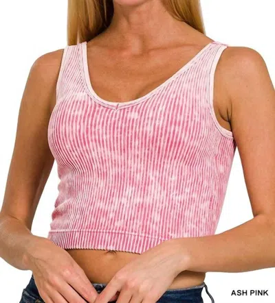 Zenana Ribbed Cropped Padded V-neck Bra Top In Ash Pink In Multi