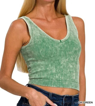 Zenana Ribbed Cropped V-neck Bra Tank Top In Dark Green