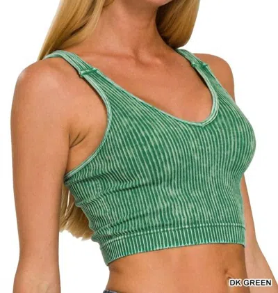 Zenana Ribbed Cropped V-neck Tank Top In Dark Green