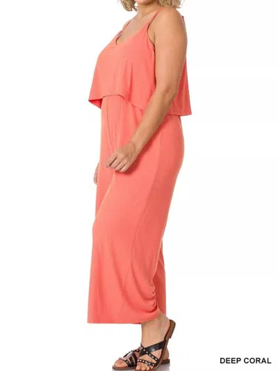 Zenana Ribbed Double Layer Jumpsuit In Deep Coral In Orange