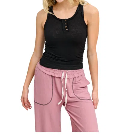 Zenana Ribbed Henley Tank Top In Black