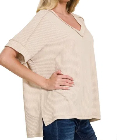 Zenana Ribbed Just Right Tee In Sand Beige In Neutral