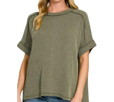 Zenana Ribbed Round Neck Top In Olive In Green