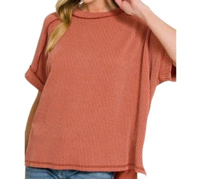 Zenana Ribbed Round Neck Top In Rust In Orange