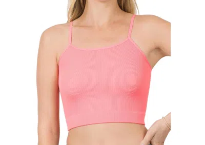 Zenana Ribbed Seamless Spaghetti Strap Crop Cami In Coral Pink In Multi