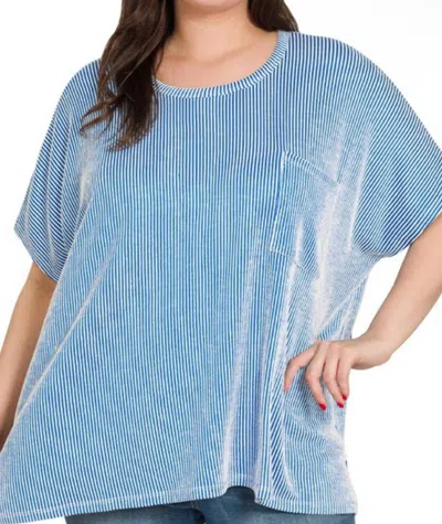 Zenana Ribbed Striped Oversized Top In Ocean Blue