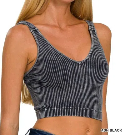 Zenana Ribbed V-neck Cropped Top In Ash Black In Multi