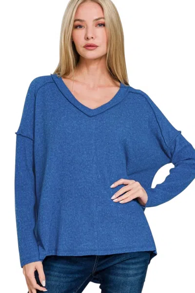 Zenana Ribbed V Neck Sweater In Light Navy In Blue