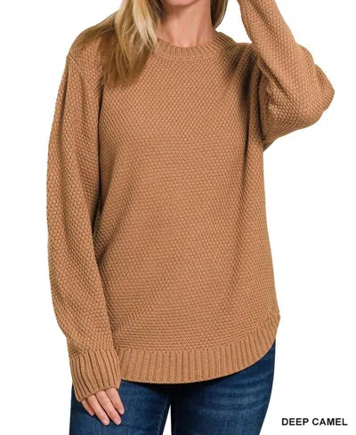 Zenana Riley Round Neck Sweater In Camel In Brown
