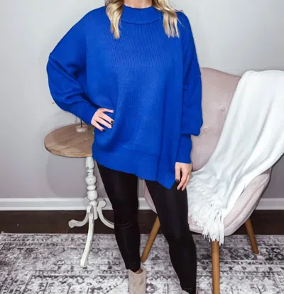 Zenana River Side Slit Oversized Sweater In Bright Blue In Multi