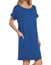 Zenana Rolled Short Sleeve Round Neck Dress In Light Navy