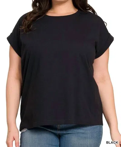 Zenana Round Neck Folded Short Sleeve T-shirt In Black