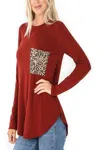 Zenana Round Neck Leopard Print Pocket Top In Red In Red