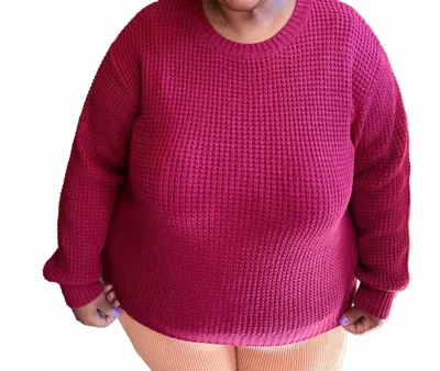 Zenana Round Neck Waffle Sweater In Cabernet In Purple