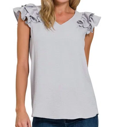 Zenana Ruffle Sleeve Blouse In Light Grey In Gray