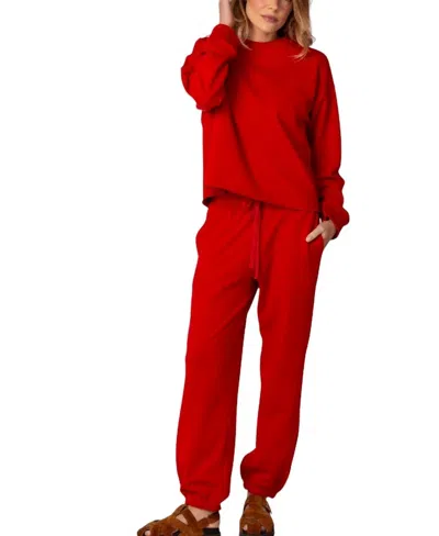 Zenana Scuba Crewneck Long Sleeve Pant Set In Ruby In Red