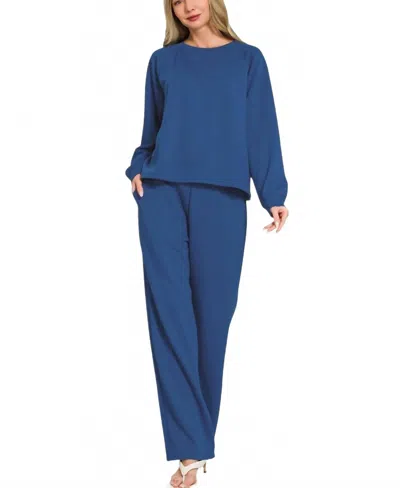 Zenana Scuba Crewneck Pullover Pants Set In Light Navy In Blue