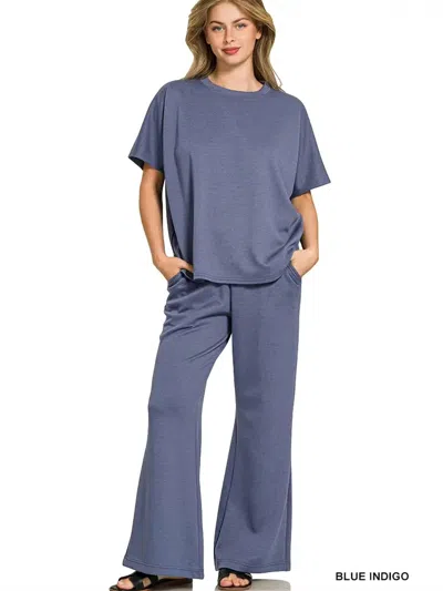 Zenana Scuba Curbed Hem 2-peice Set In Blue Indigo