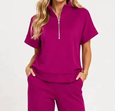 Zenana Scuba High Neck Half Zip Top In Plum In Pink