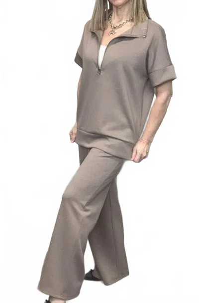 Zenana Scuba High Neck Half Zip Top Pants Set In Cocoa In Gray