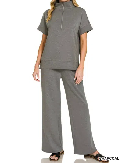 Zenana Scuba High Rise Wide Leg Pants In Charcoal In Gray