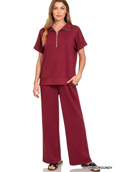 Zenana Scuba Wide Leg Pants With Pockets In Burgandy In Burgundy