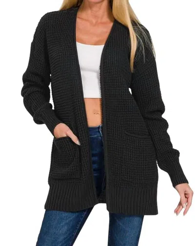 Zenana Selena Waffle Knit Open Front Cardigan In Black