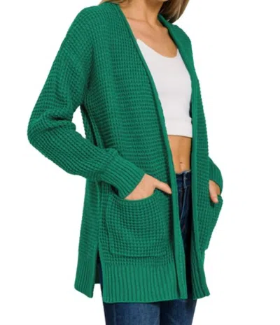 Zenana Selena Waffle Knit Open Front Cardigan In Green