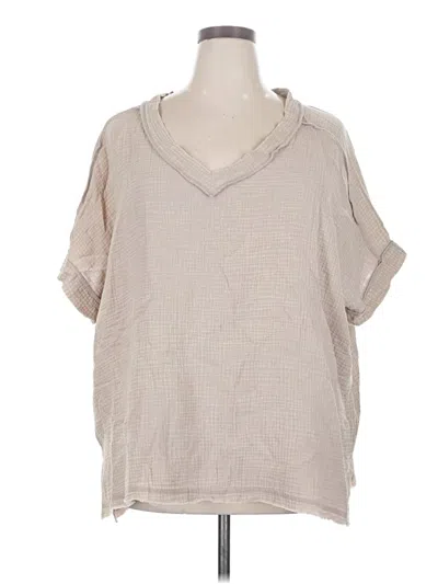 Pre-owned Zenana Short Sleeve Blouse In Tan