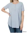 Zenana Short Sleeve Dolphin Hem Shell Button Up Top In Ash Blue In Multi