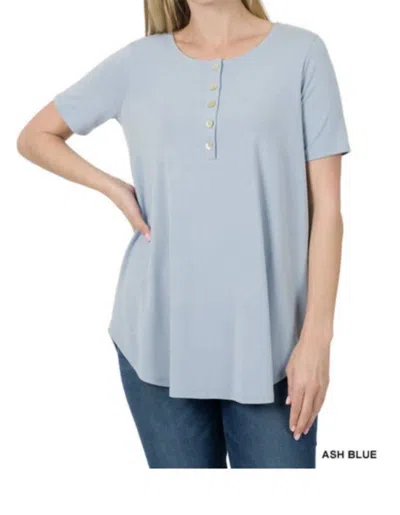 Zenana Short Sleeve Dolphin Hem Shell Button Up Top In Ash Blue In Multi