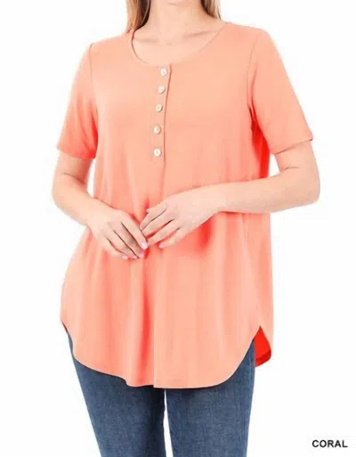 Zenana Short Sleeve Dolphin Hem Shell Button Up Top In Coral In Pink