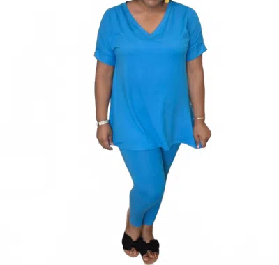 Zenana Short Sleeve Lounge Set In Deep Sky In Blue