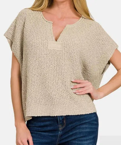Zenana Short Sleeve Side Slit Sweater In Mocha In Neutral