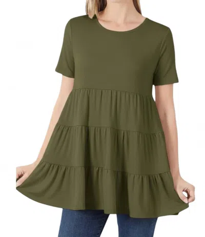 Zenana Short Sleeve Tiered Ruffle Babydoll Tunic In Olive In Green