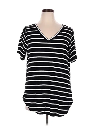 Pre-owned Zenana Short Sleeve Top Black Stripes Pattern V-neck Tops