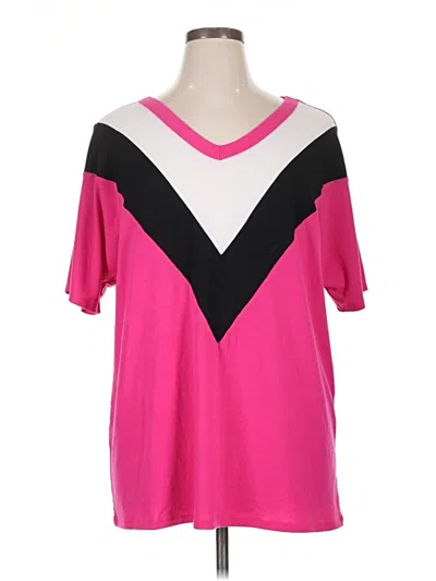 Pre-owned Zenana Short Sleeve Top Pink Color Block Pattern V-neck Tops