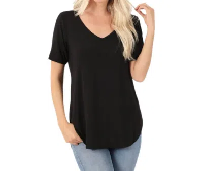 Zenana Short Sleeve V Neck Hi-low Hem Top - Plus In Black