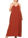 Zenana Side-pocket Maxi Dress With Adjustable Strap In Rust In Red