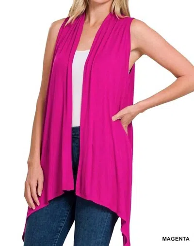 Zenana Sleeveless Draped Open Front Cardigan In Magenta