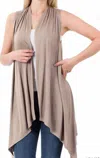Zenana Sleeveless Draped Open Front Cardigan In Mocha