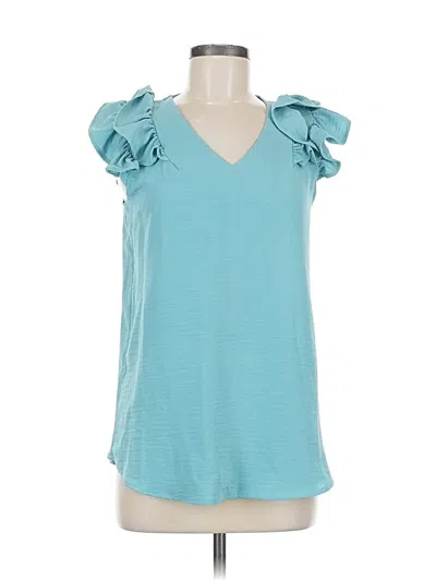 Pre-owned Zenana Sleeveless Top Teal Cold Shoulder Neckline Tops In Blue