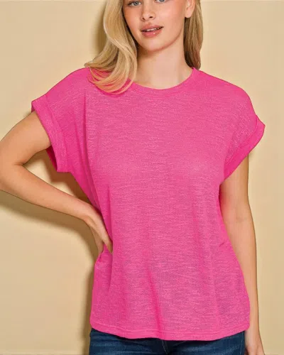 Zenana Slub Rolled Sleeve Tee In Fuchsia In Pink